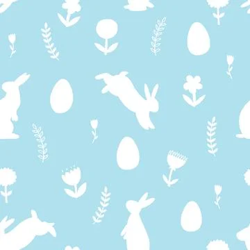 Hand drawn Easter seamless pattern with bunnies, flowers and easter eggs. vector Stock Illustration