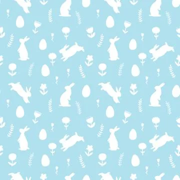 Hand drawn Easter seamless pattern with bunnies, flowers and easter eggs. vec Stock Illustration