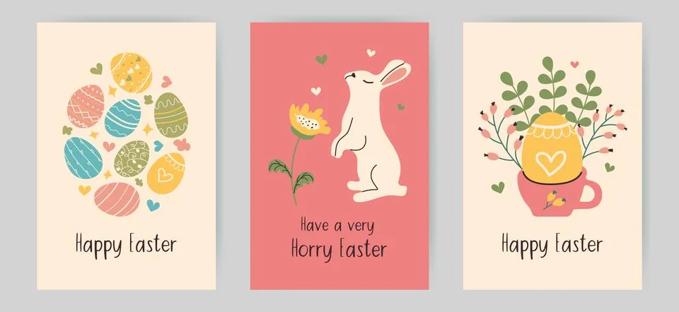 Hand drawn Easter Vertical backgrounds set. Trendy postcards with bunny and f Stock Illustration