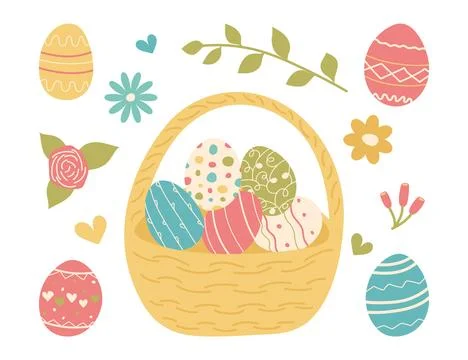 Hand drawn Easter wicker basket with Eggs. Multi-colored patterned eggshell.. Stock Illustration