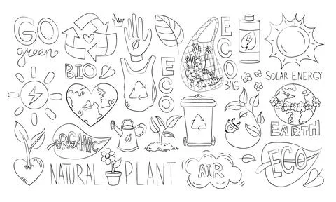 Hand-drawn eco doodles featuring recycling, solar power, organic plants, Earth Stock Illustration