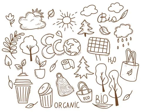 Hand drawn Ecology doodle vector set. Collection of environmental and green ener Stock Illustration