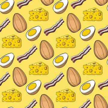 Hand drawn eggs, cheese and bacon on yellow background. Stock Illustration