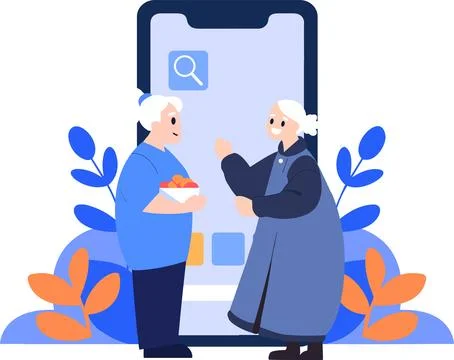 Hand Drawn Elderly characters talk through smartphones in flat style Stock Illustration