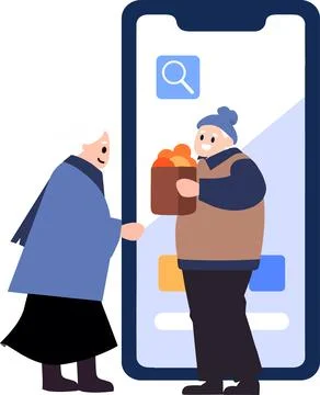 Hand Drawn Elderly characters talk through smartphones in flat style Stock Illustration