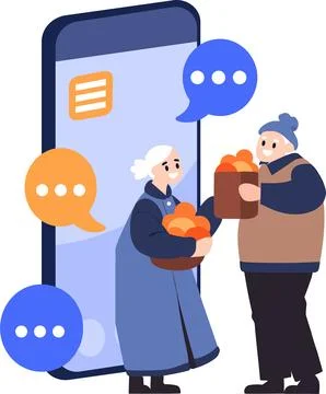 Hand Drawn Elderly characters talk through smartphones in flat style Stock Illustration