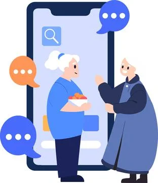Hand Drawn Elderly characters talk through smartphones in flat style Stock Illustration