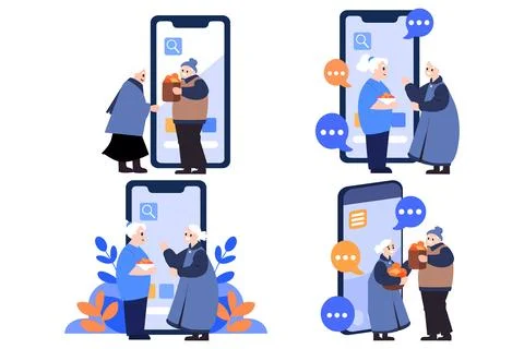 Hand Drawn Elderly characters talk through smartphones in flat style Stock Illustration