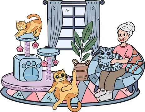 Hand Drawn Elderly holding a cat illustration in doodle style Stock Illustration