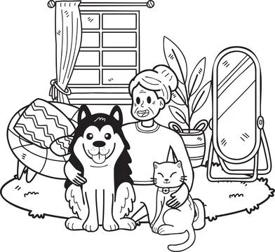 Hand Drawn Elderly hugging dogs and cats illustration in doodle style Stock Illustration