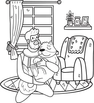 Hand Drawn Elderly man sitting with Shiba Inu Dog illustration in doodle styl Stock Illustration