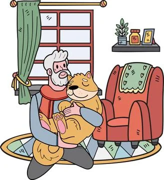 Hand Drawn Elderly man sitting with Shiba Inu Dog illustration in doodle styl Stock Illustration