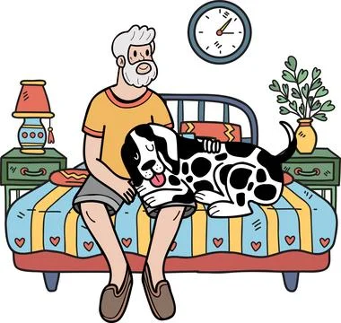 Hand Drawn Elderly man sitting with Dalmatian Dog illustration in doodle styl Stock Illustration