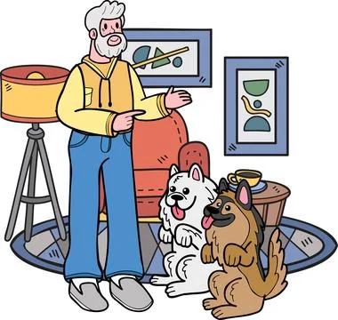 Hand Drawn Elderly man training a dog illustration in doodle style Stock Illustration