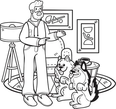 Hand Drawn Elderly man training a dog illustration in doodle style Stock Illustration