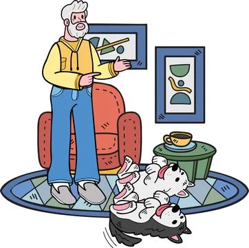 Hand Drawn Elderly man training a dog illustration in doodle style Stock Illustration
