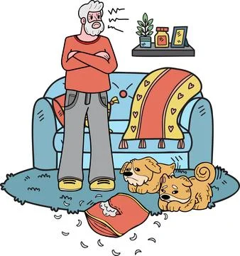 Hand Drawn Elderly man training a dog illustration in doodle style Stock Illustration