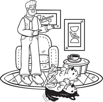 Hand Drawn Elderly man training a dog illustration in doodle style Stock Illustration
