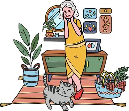 Hand Drawn Elderly play with cat illustration in doodle style Stock Illustration