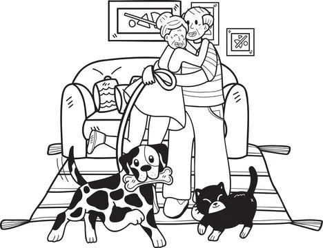 Hand Drawn Elderly play with dogs and cats illustration in doodle style Stock Illustration