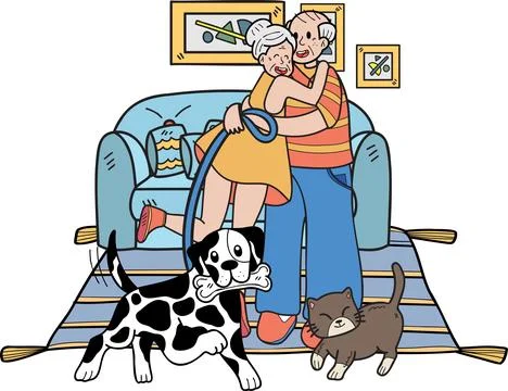 Hand Drawn Elderly play with dogs and cats illustration in doodle style Stock Illustration