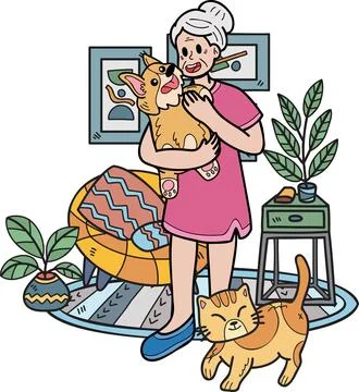 Hand Drawn Elderly play with dogs and cats illustration in doodle style Stock Illustration