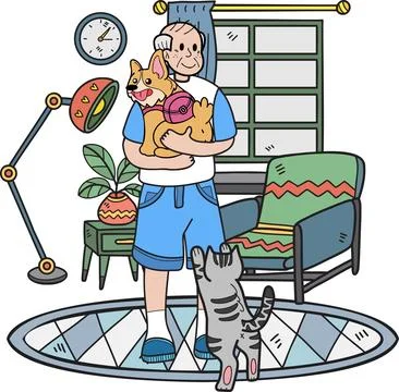 Hand Drawn Elderly play with dogs and cats illustration in doodle style Stock Illustration