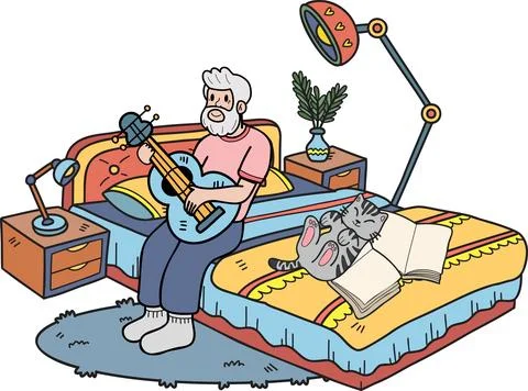 Hand Drawn Elderly playing guitar with cat illustration in doodle style イラスト素材