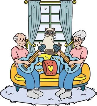 Hand Drawn Elderly playing guitar with cat illustration in doodle style イラスト素材