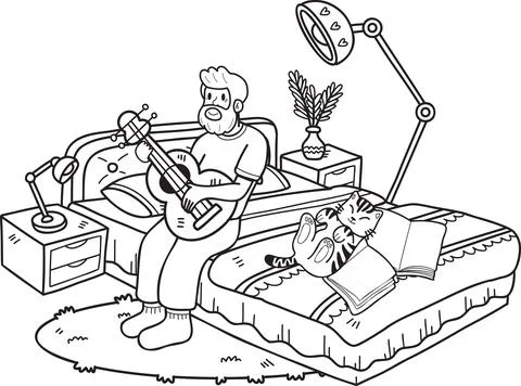 Hand Drawn Elderly playing guitar with cat illustration in doodle style イラスト素材