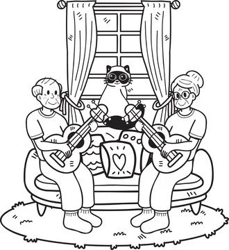 Hand Drawn Elderly playing guitar with cat illustration in doodle style Stock Illustration
