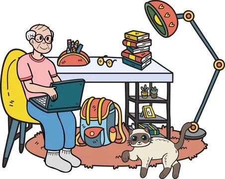 Hand Drawn Elderly working in a room with cats illustration in doodle style Stock Illustration