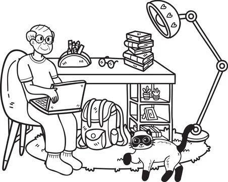 Hand Drawn Elderly working in a room with cats illustration in doodle style Stock Illustration