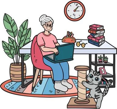 Hand Drawn Elderly working in a room with cats illustration in doodle style Stock Illustration