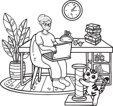 Hand Drawn Elderly working in a room with cats illustration in doodle style Stock Illustration