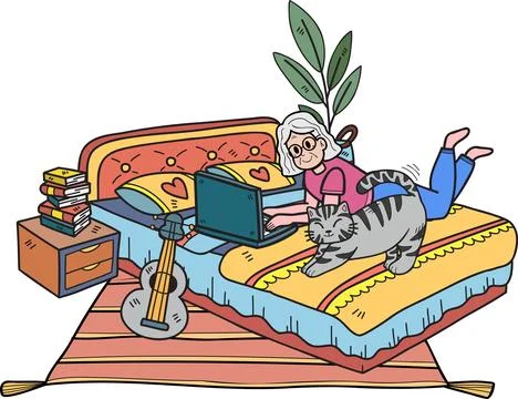Hand Drawn Elderly working in a room with cats illustration in doodle style Stock Illustration