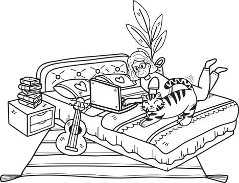 Hand Drawn Elderly working in a room with cats illustration in doodle style Stock Illustration