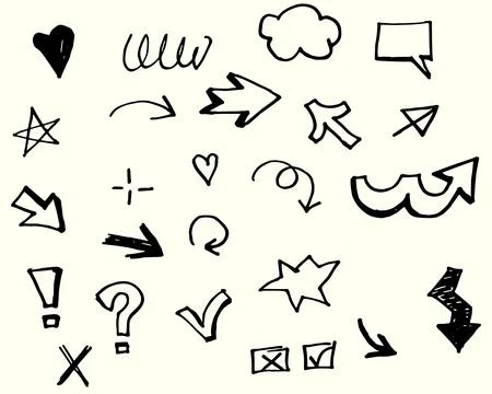 Hand drawn elements arrows heart star check box cloud line scribble exclamati Stock Illustration