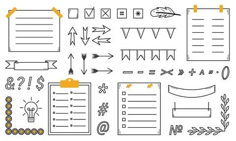 Hand drawn elements of the bullet journal. Planning, reminders, organizer Stock Illustration