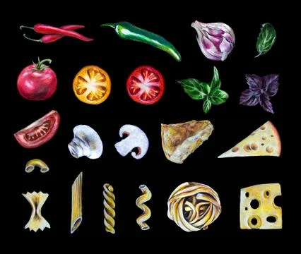 Hand-drawn elements collection set: Italian pasta with tomatoes, cheese, basi Stock Photos