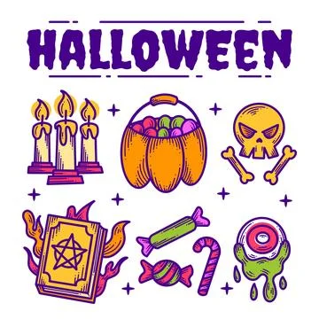 Hand drawn elements for halloween decorations full color Stock Illustration