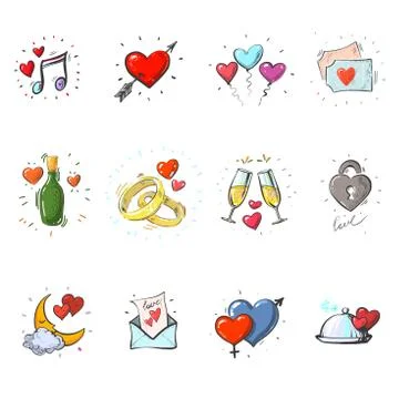Hand drawn elements, heart, golden rings, glasses of champagne, for Valentines Stock Illustration
