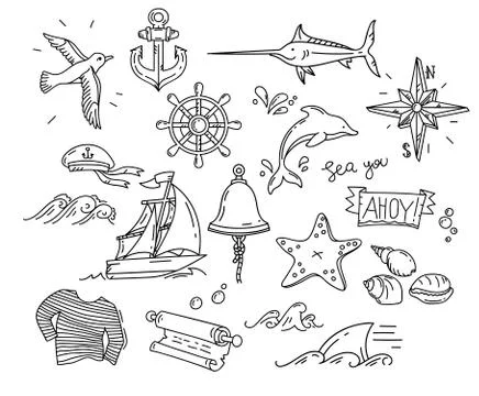 Hand-drawn elements of marine theme Stockillustratie