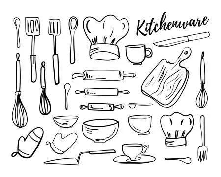 Hand-drawn elements related to cooking, restaurant and cafe theme. Doodle style Stockillustratie