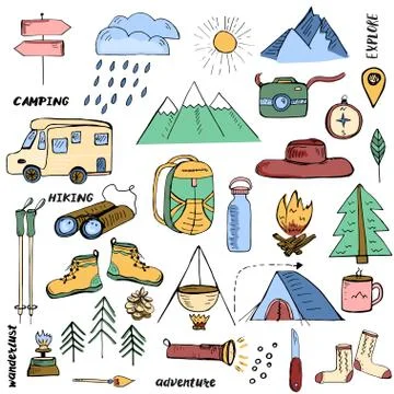 Hand drawn elements related to hiking, camping and travelling in mountains 스톡 일러스트