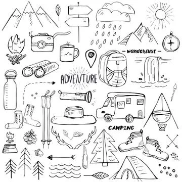 Hand drawn elements related to hiking, camping and travelling 스톡 일러스트