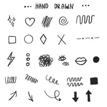Hand-drawn elements, a selection of symbols isolated on a white background Illustrazione stock
