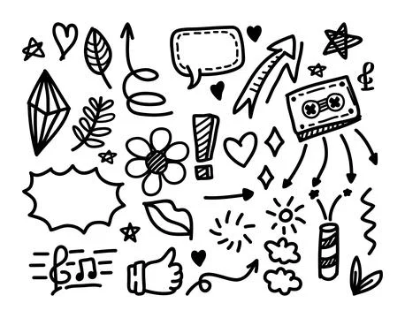 Hand-drawn elements, such as abstract arrows, ribbons, hearts, stars, crowns. Stock Illustration