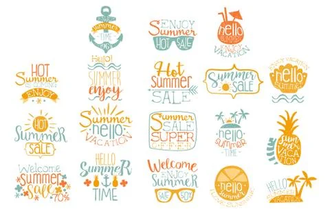 Hand drawn elements for summer calligraphic logo design. Beach vacation and hot Stock Illustration