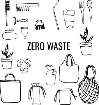 Hand drawn elements of zero waste life in vector eco style reduce illustration Stock Illustration